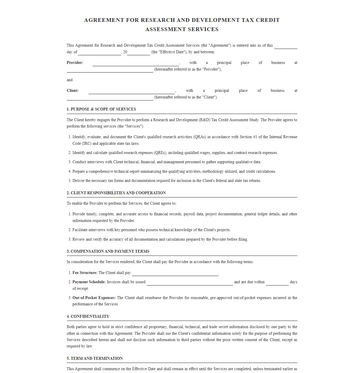 Agreement for R&D Tax Credit Assessment Services