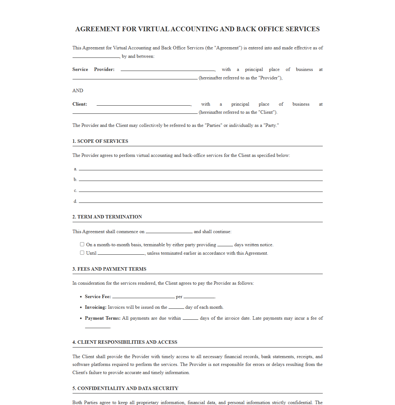Agreement for Virtual Accounting and Back Office Services