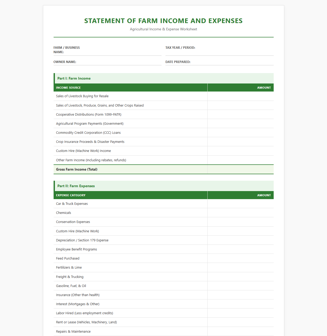 Agricultural Income and Expense Worksheet Template
