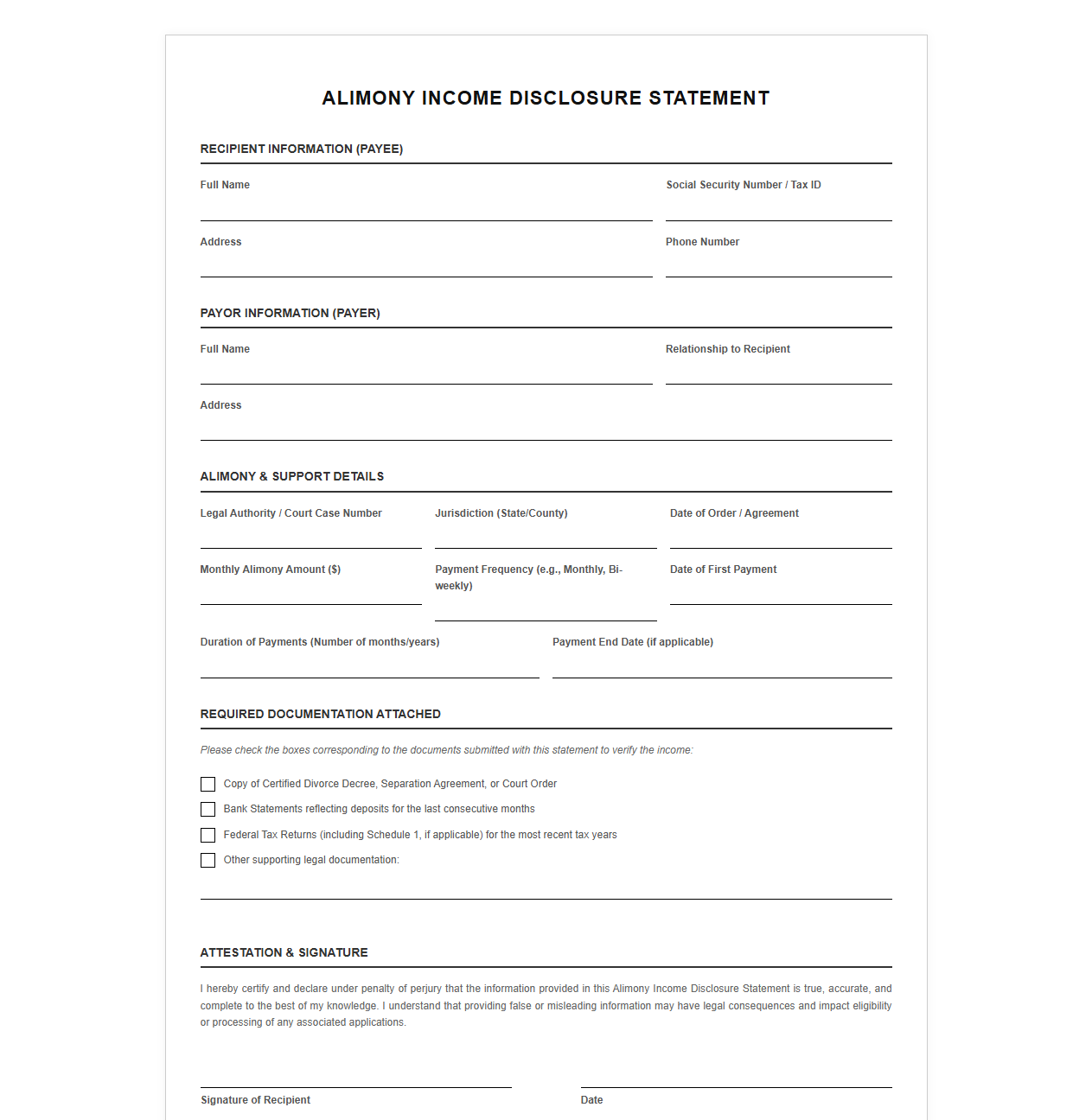 Alimony Income Disclosure Statement Template