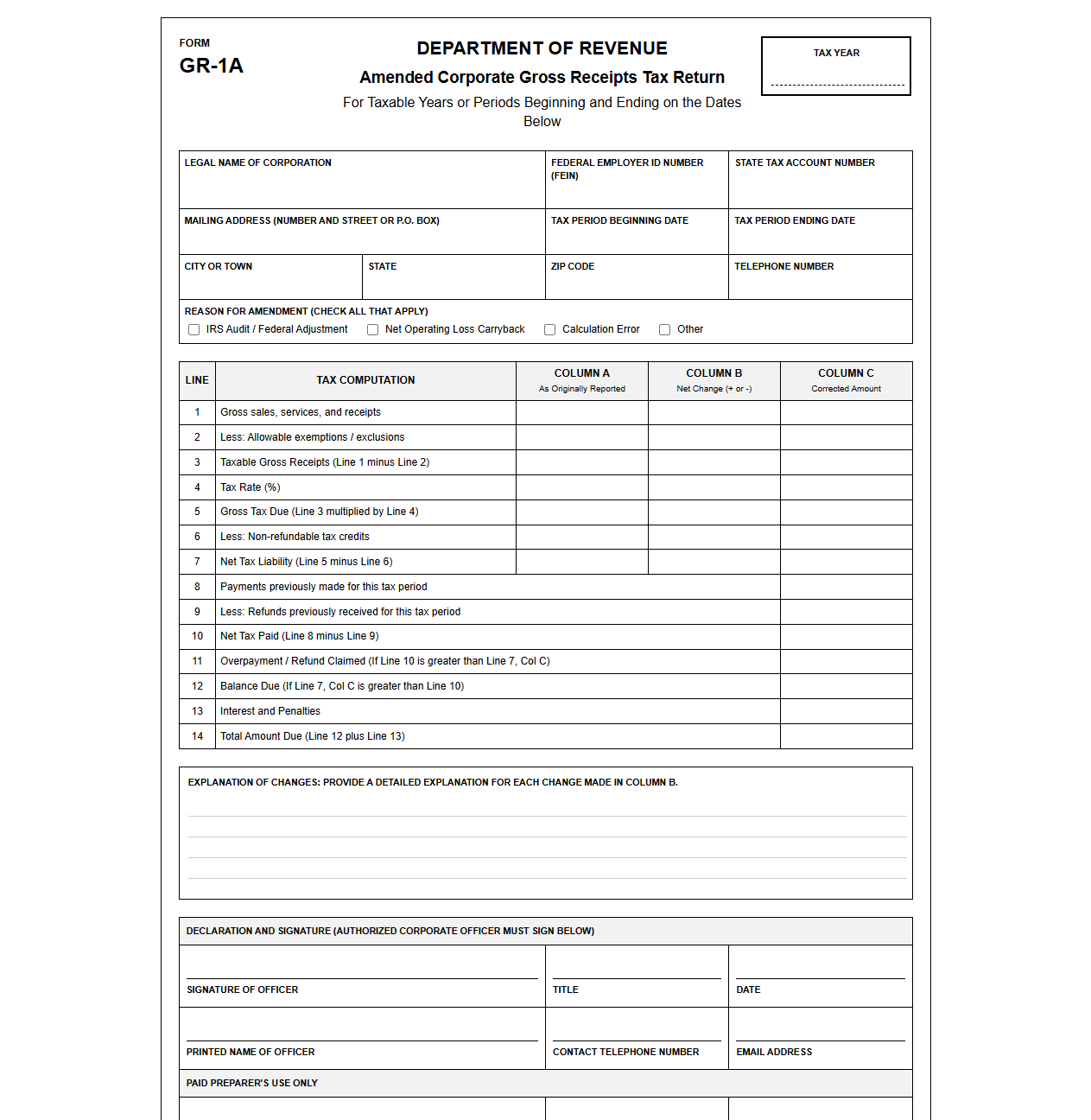 Amended Corporate Gross Receipts Tax Return Template