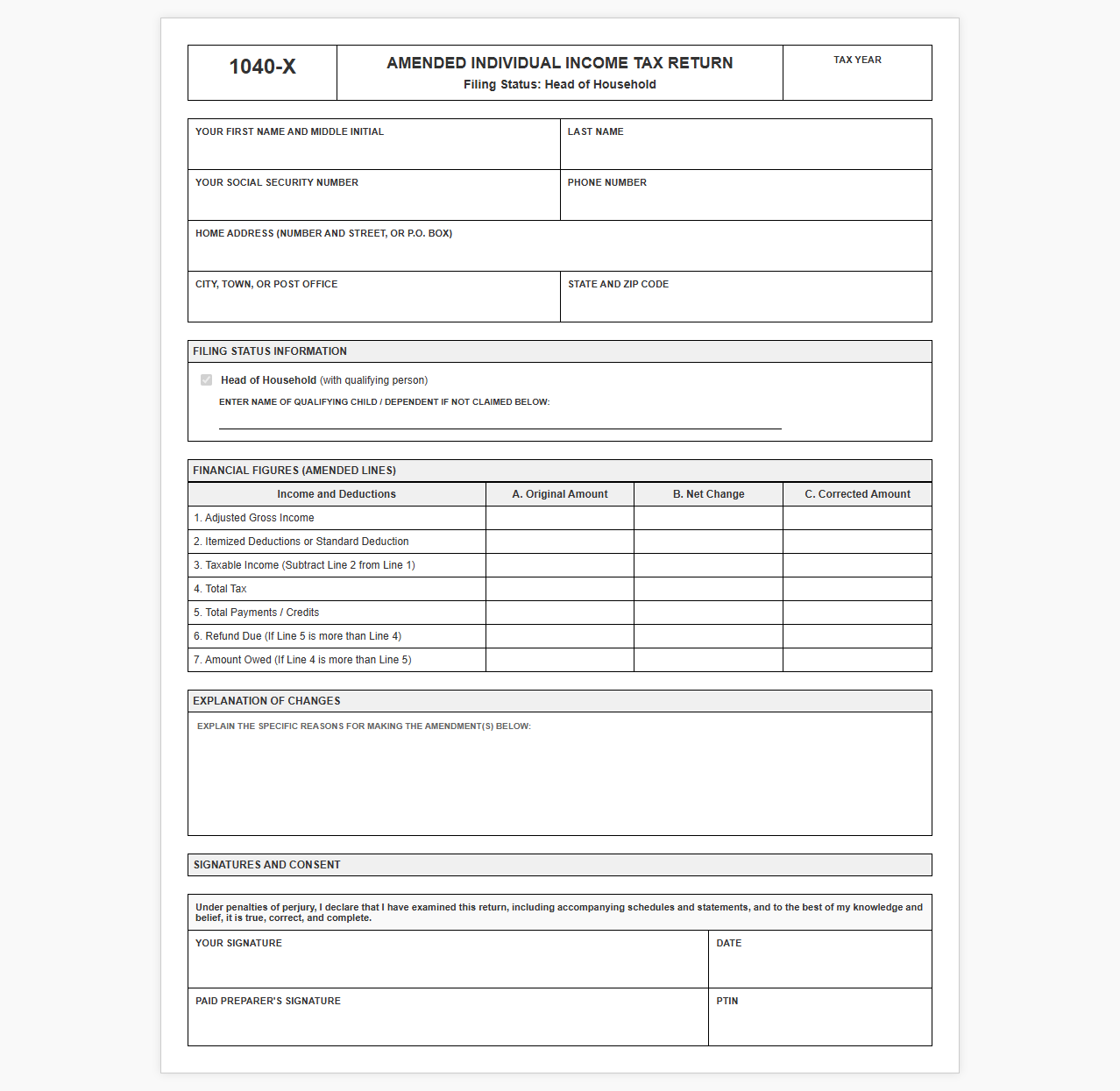 Amended Return Template for Head of Household