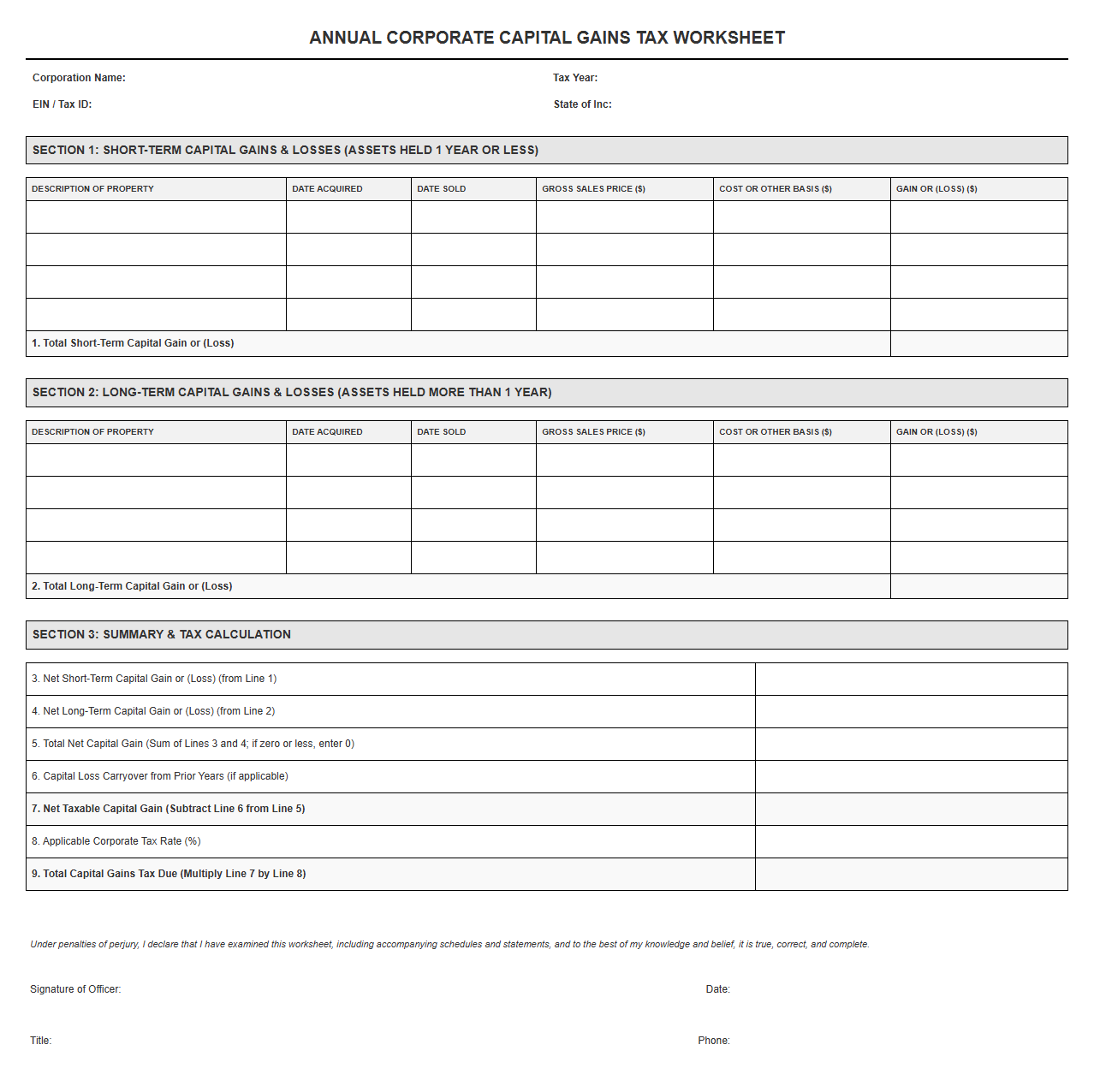 Annual Corporate Capital Gains Tax Worksheet