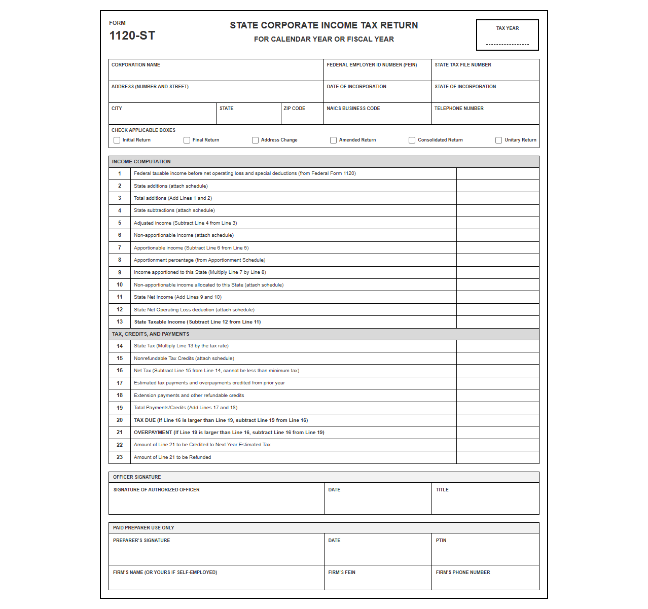 Annual Corporate State Income Tax Return Sheet