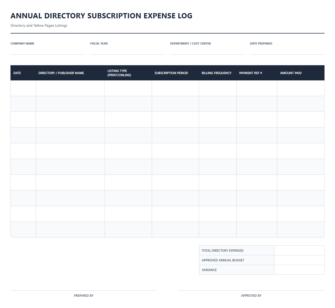 Annual Directory Subscription Expense Log
