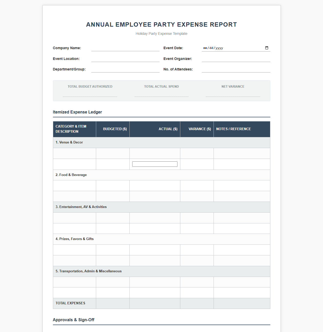 Annual Employee Party Expense Report Form