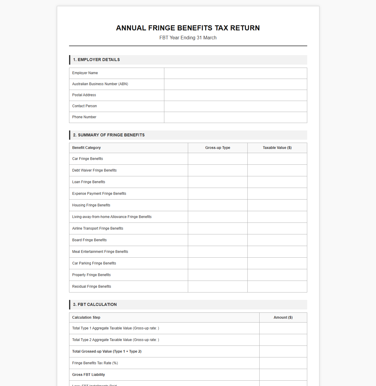 Annual Fringe Benefits Tax Return Template