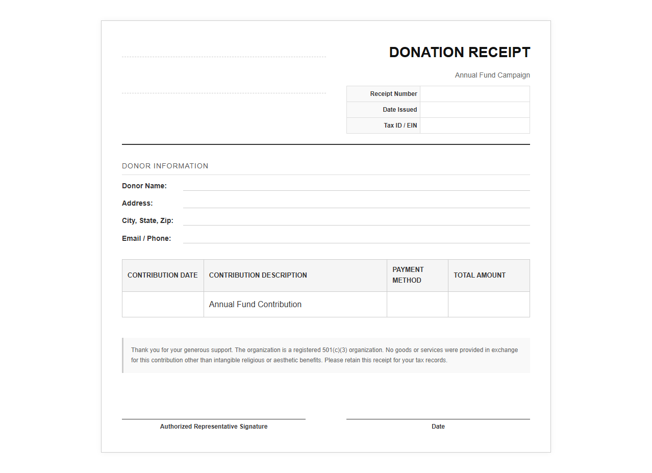 Annual Fund Donation Receipt Template