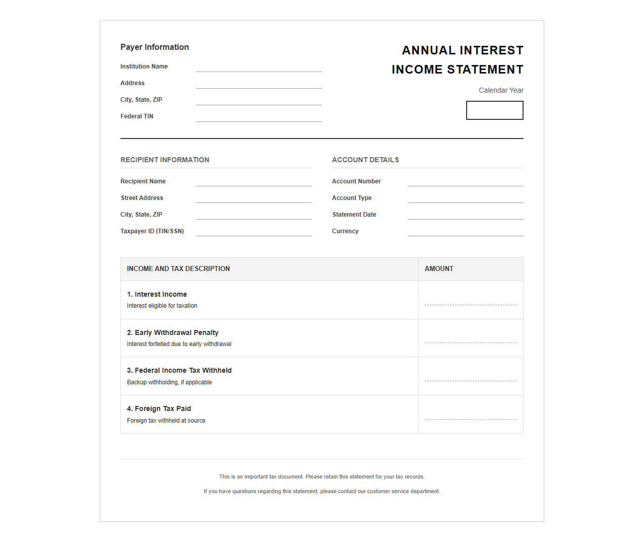 Annual Interest Income Statement Template