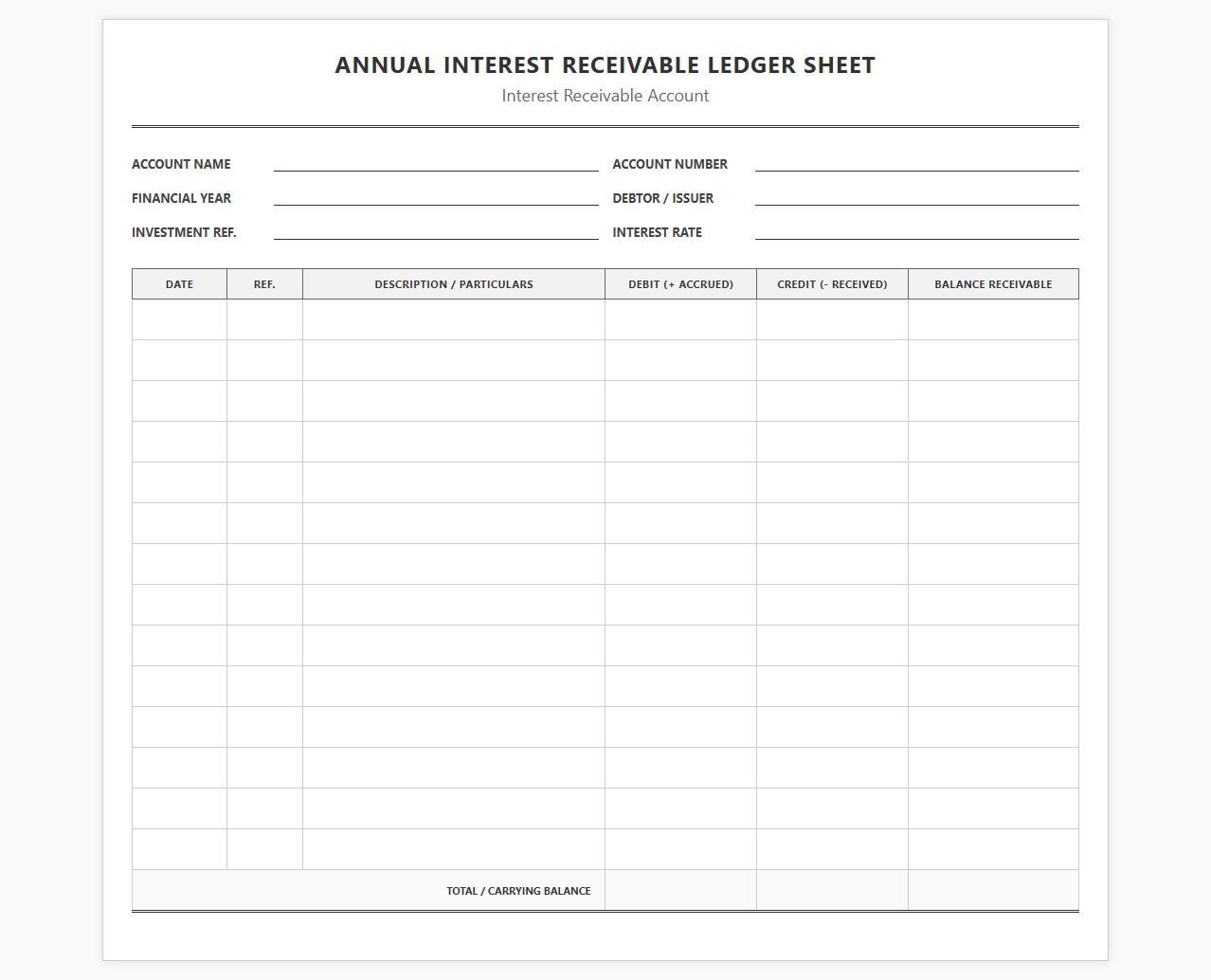 Annual Interest Receivable Ledger Sheet