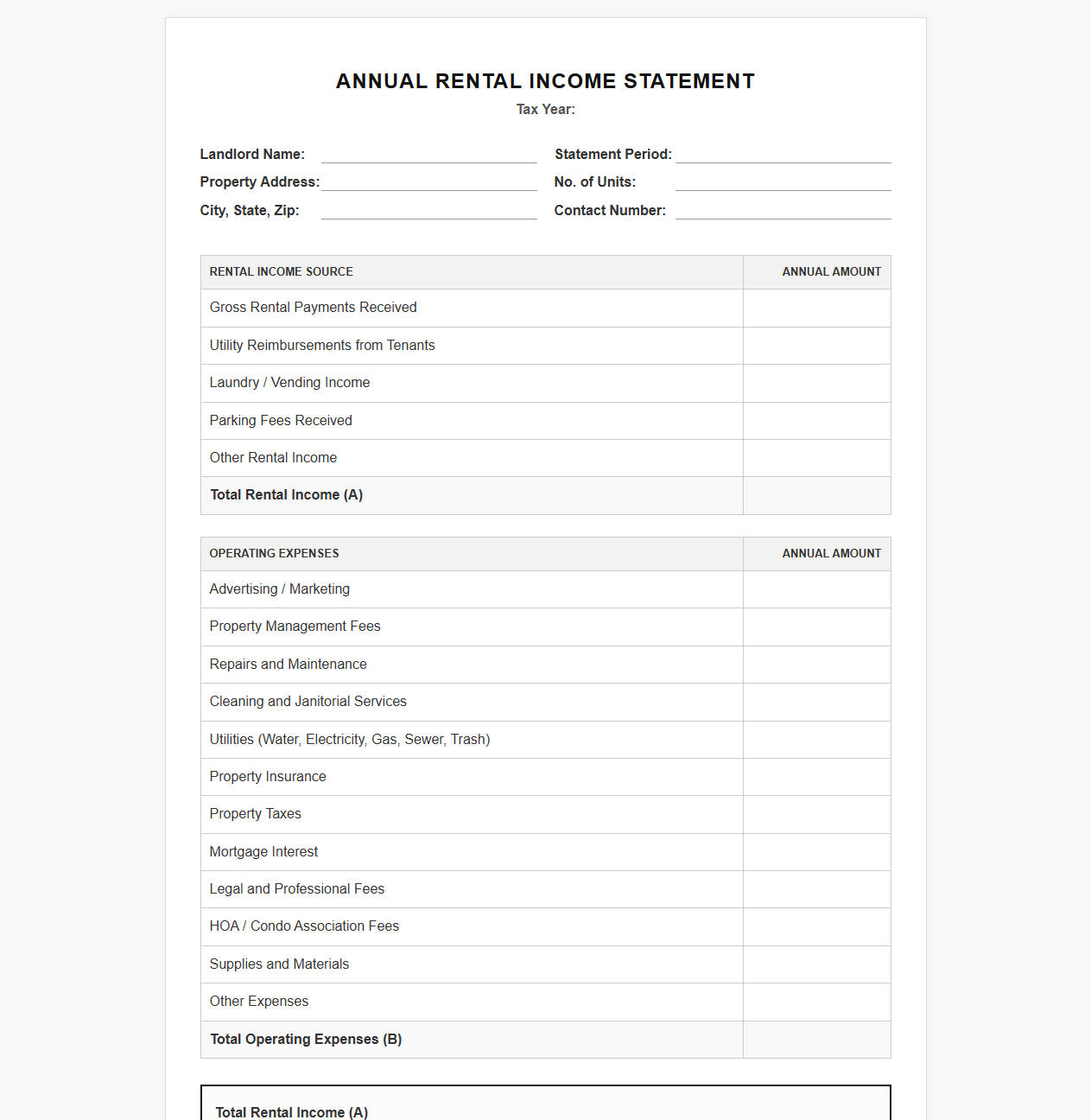 Annual Landlord Rental Income Statement