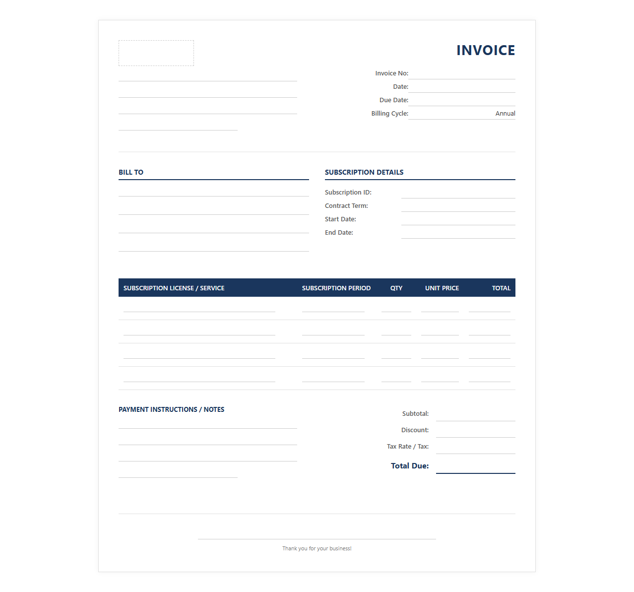 Annual License Subscription Invoice Form