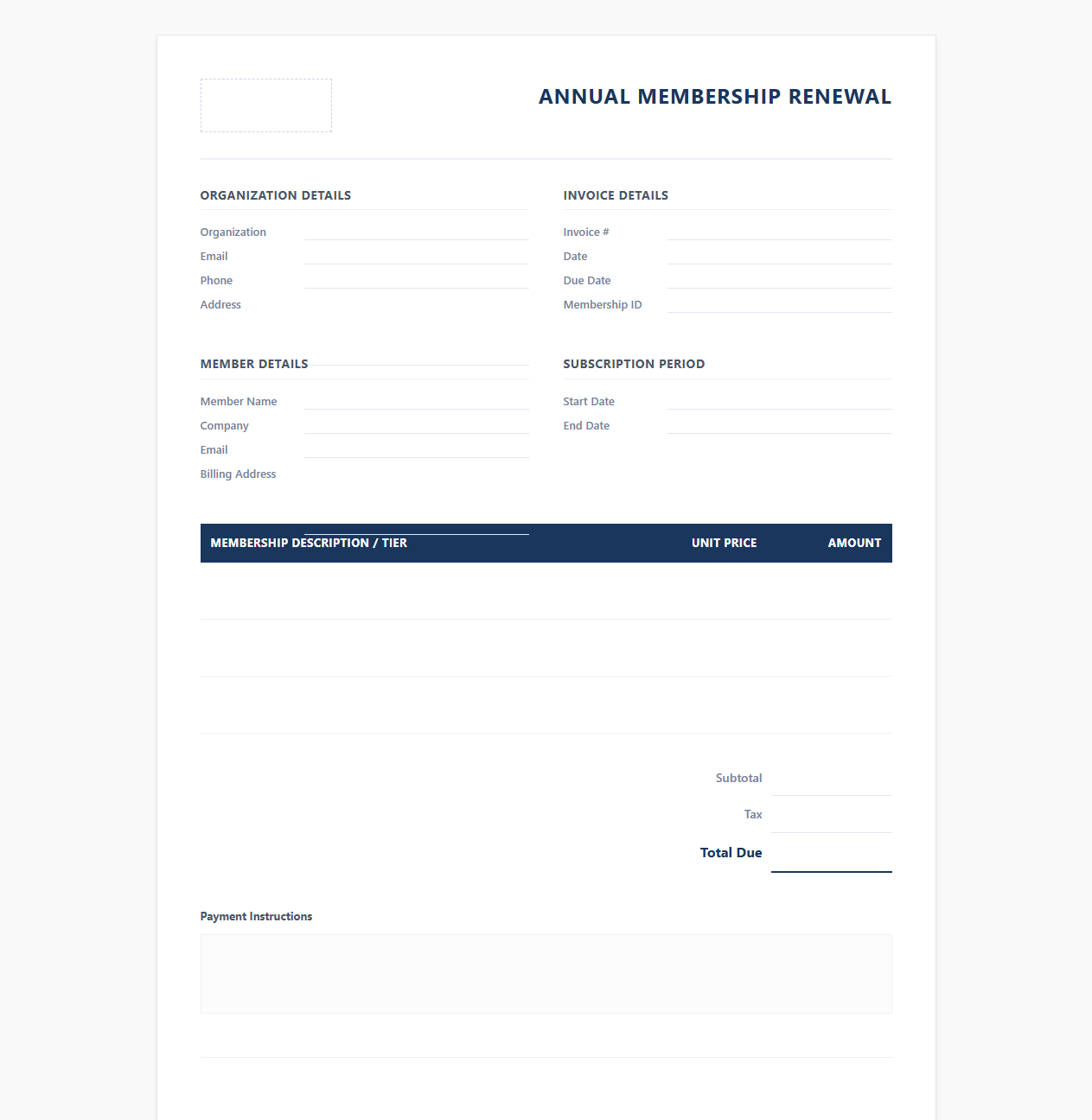 Annual Membership Renewal Invoice Template