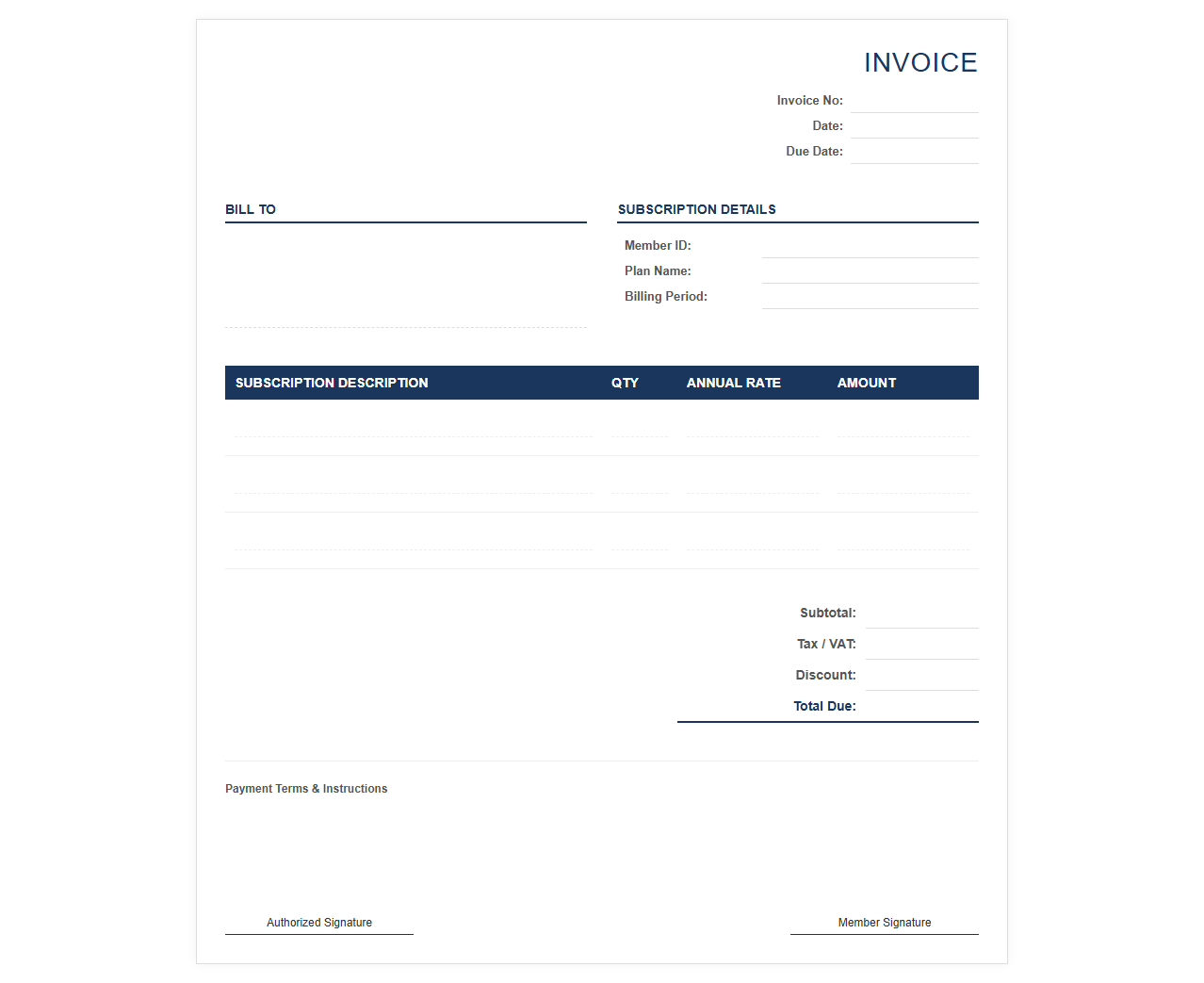 Annual Membership Subscription Invoice Template
