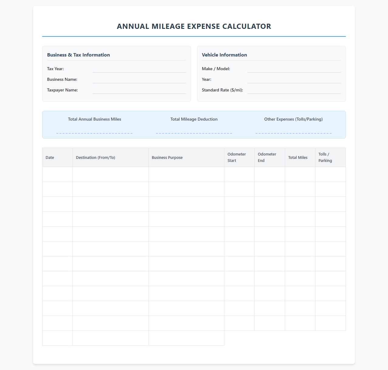 Annual Mileage Expense Calculator for Self-Employed