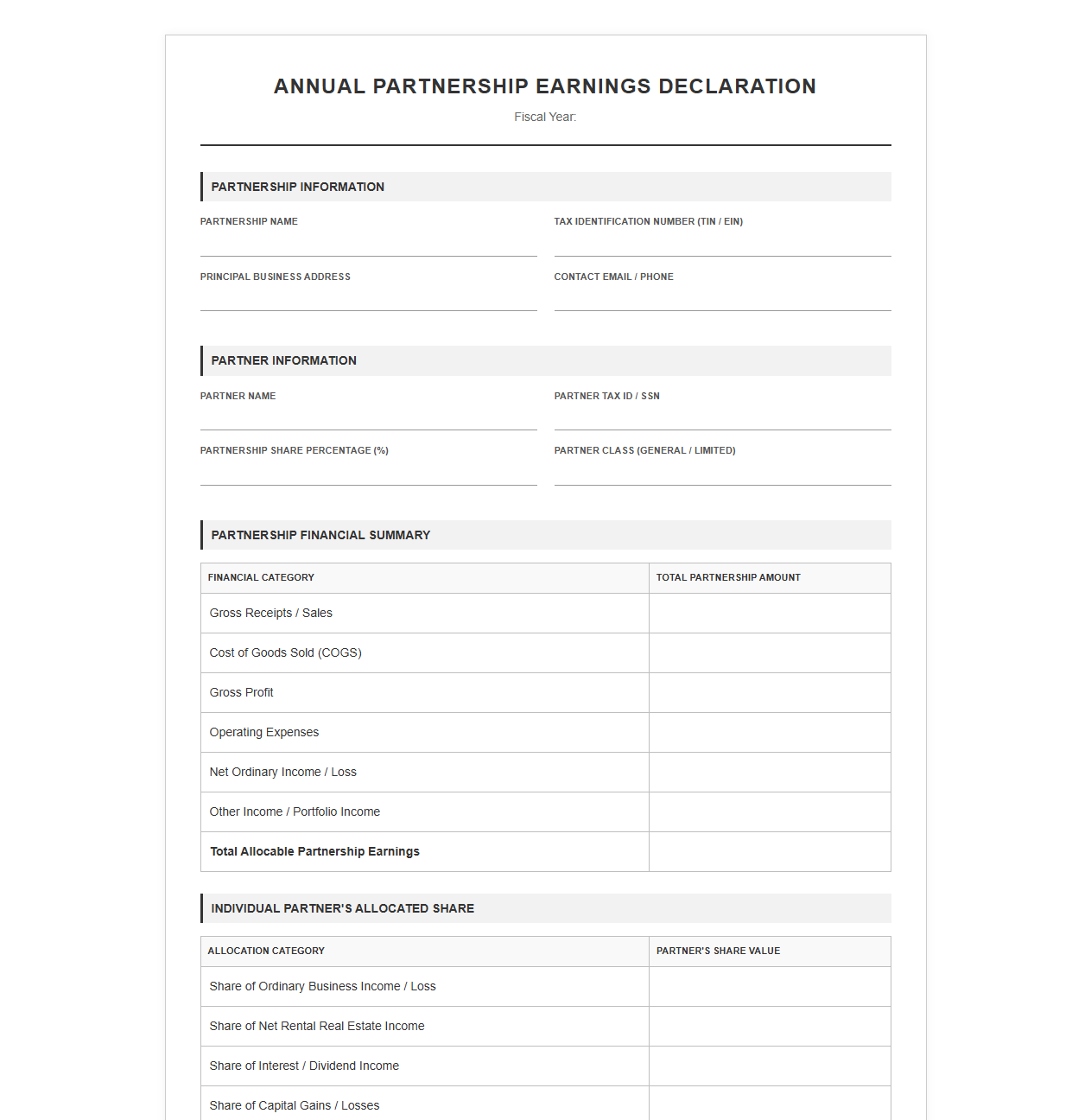 Annual Partnership Earnings Declaration Template