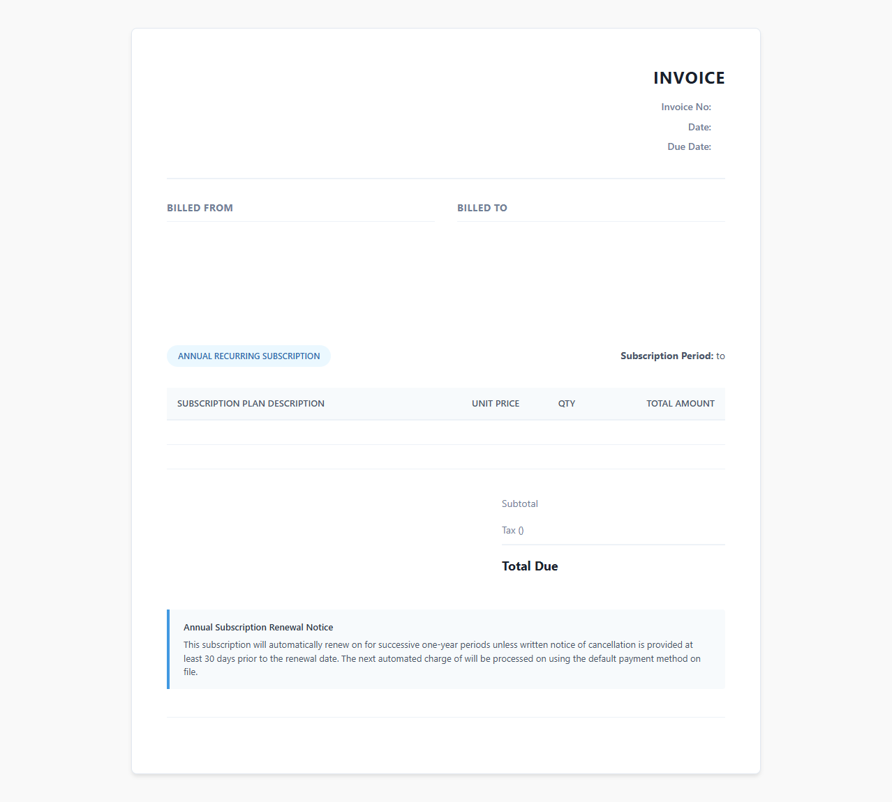 Annual Recurring Subscription Invoice