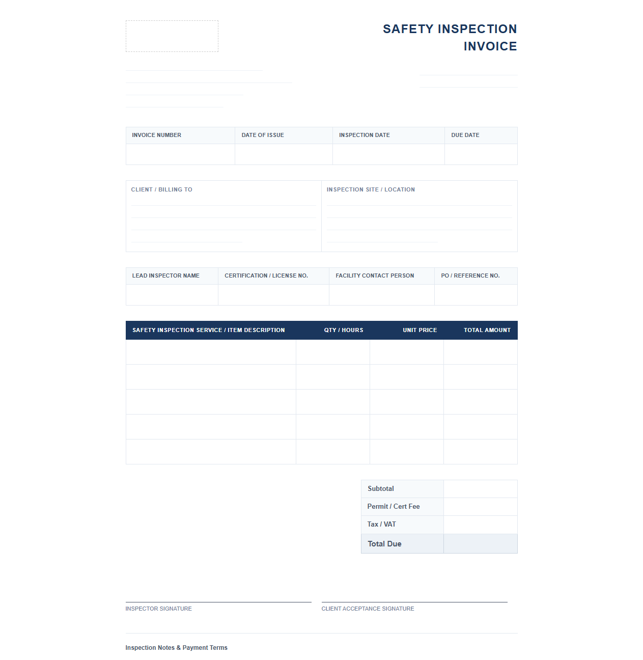 Annual Safety Inspection Service Invoice
