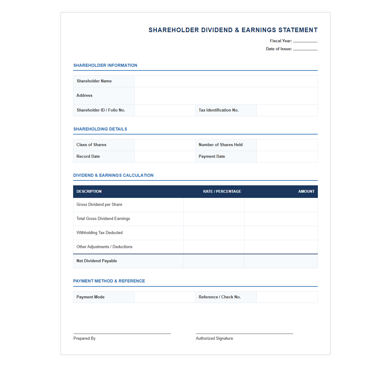 Annual Shareholder Dividend and Earnings Template