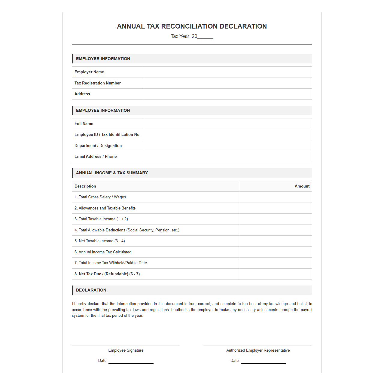 Annual Tax Reconciliation Declaration Template