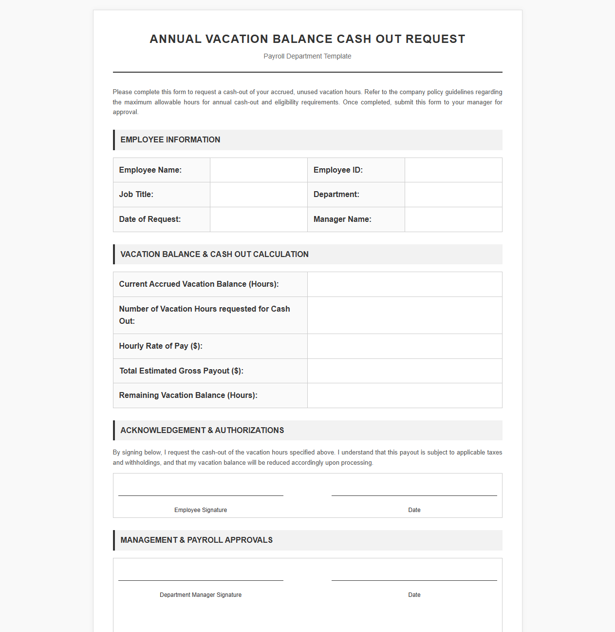 Annual Vacation Balance Cash Out Request