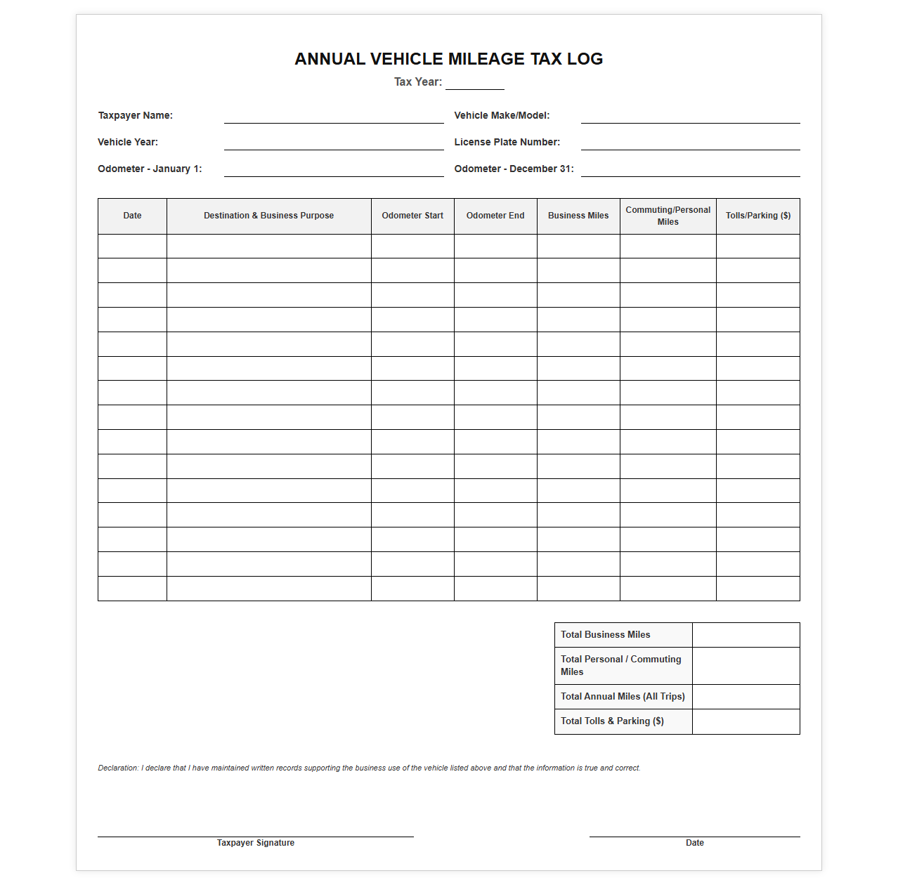 Annual Vehicle Mileage Tax Log