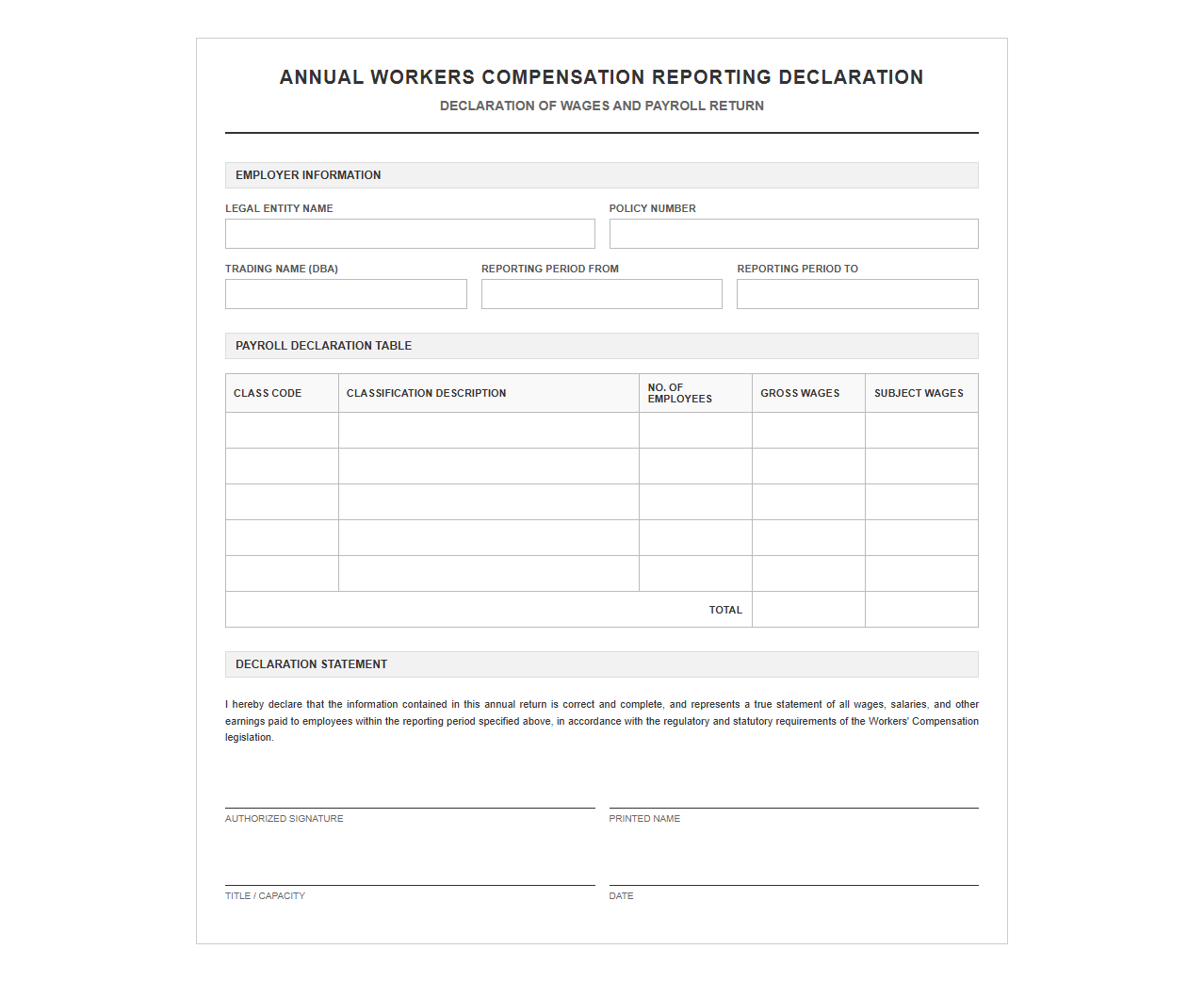 Annual Workers Compensation Reporting Declaration