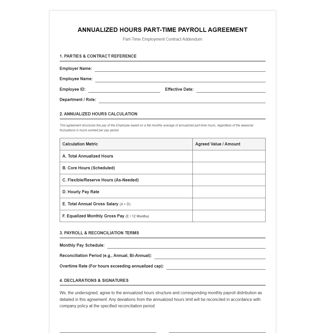 Annualized Hours Part-Time Payroll Agreement Template