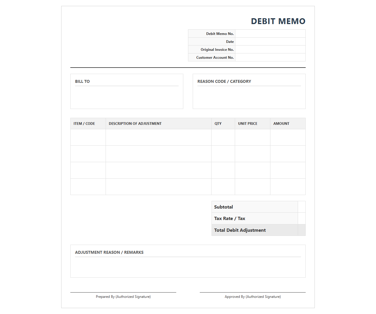 AR Account Adjustment Debit Invoice Template