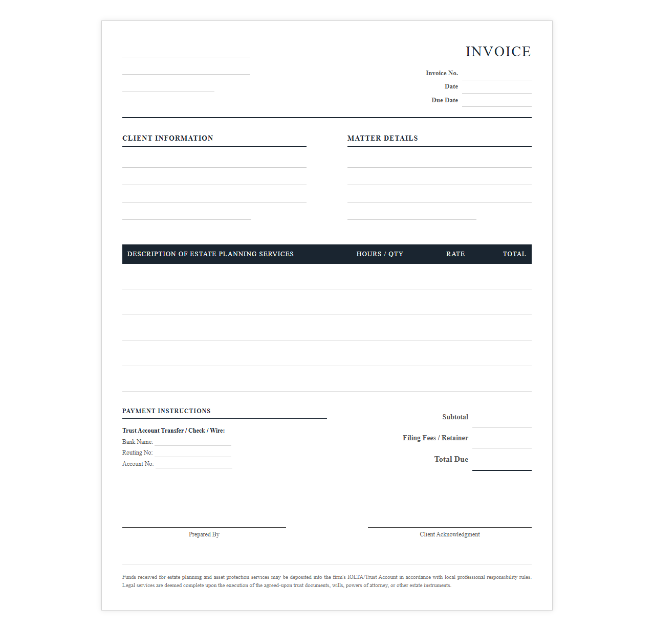 Asset Protection and Estate Planning Invoice