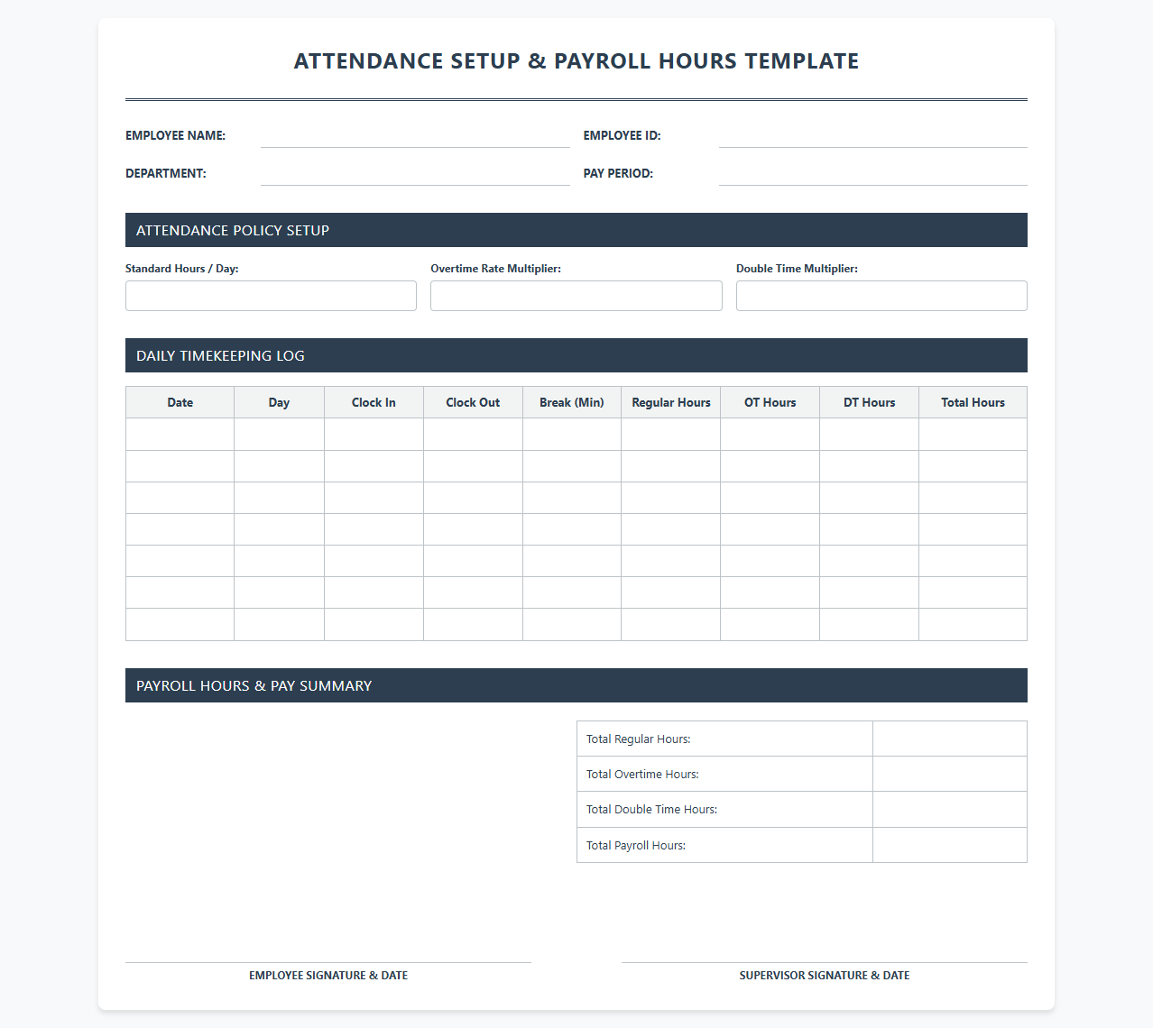 Attendance Setup and Payroll Hours Template
