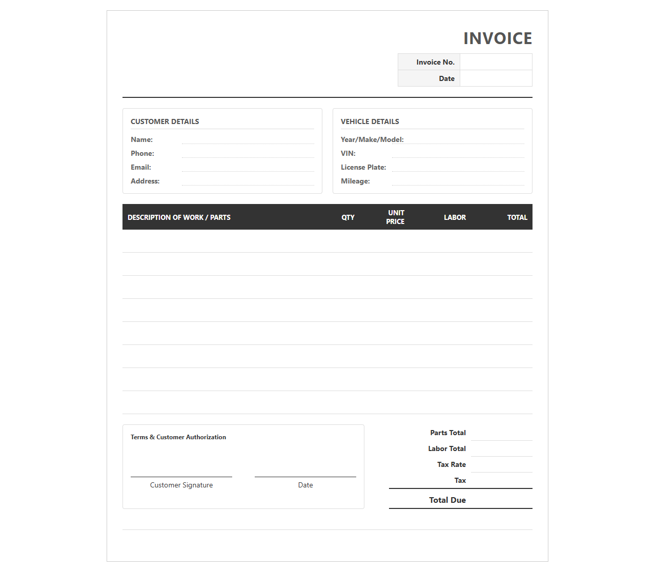 Auto Repair Service Invoice Template