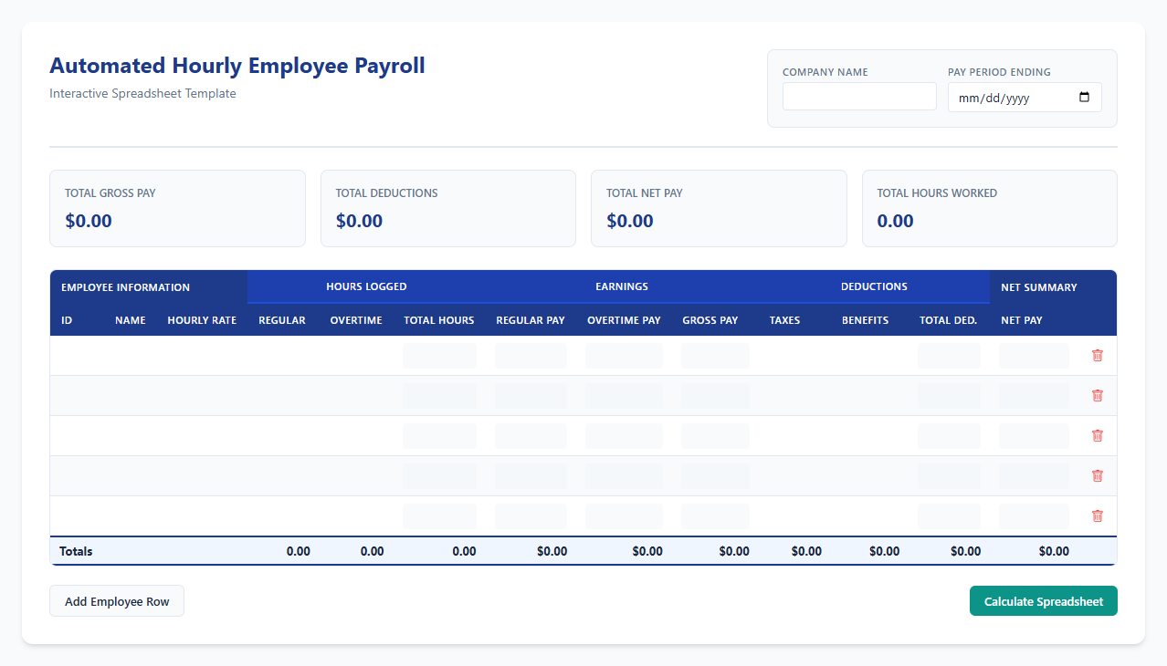 Automated Hourly Employee Payroll Spreadsheet