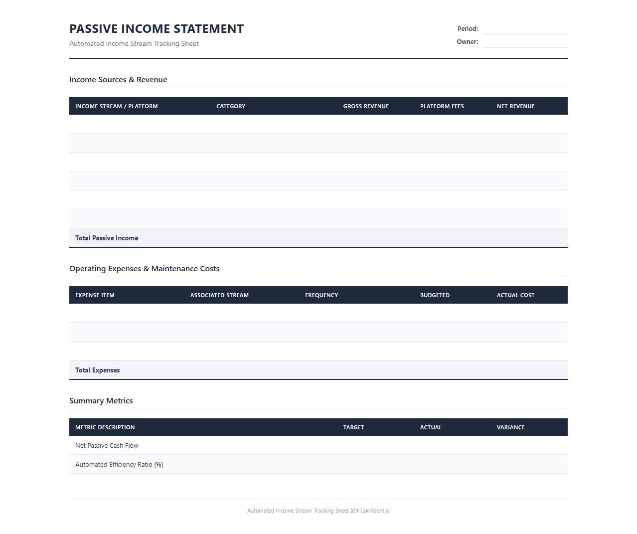 Automated Income Stream Tracking Sheet