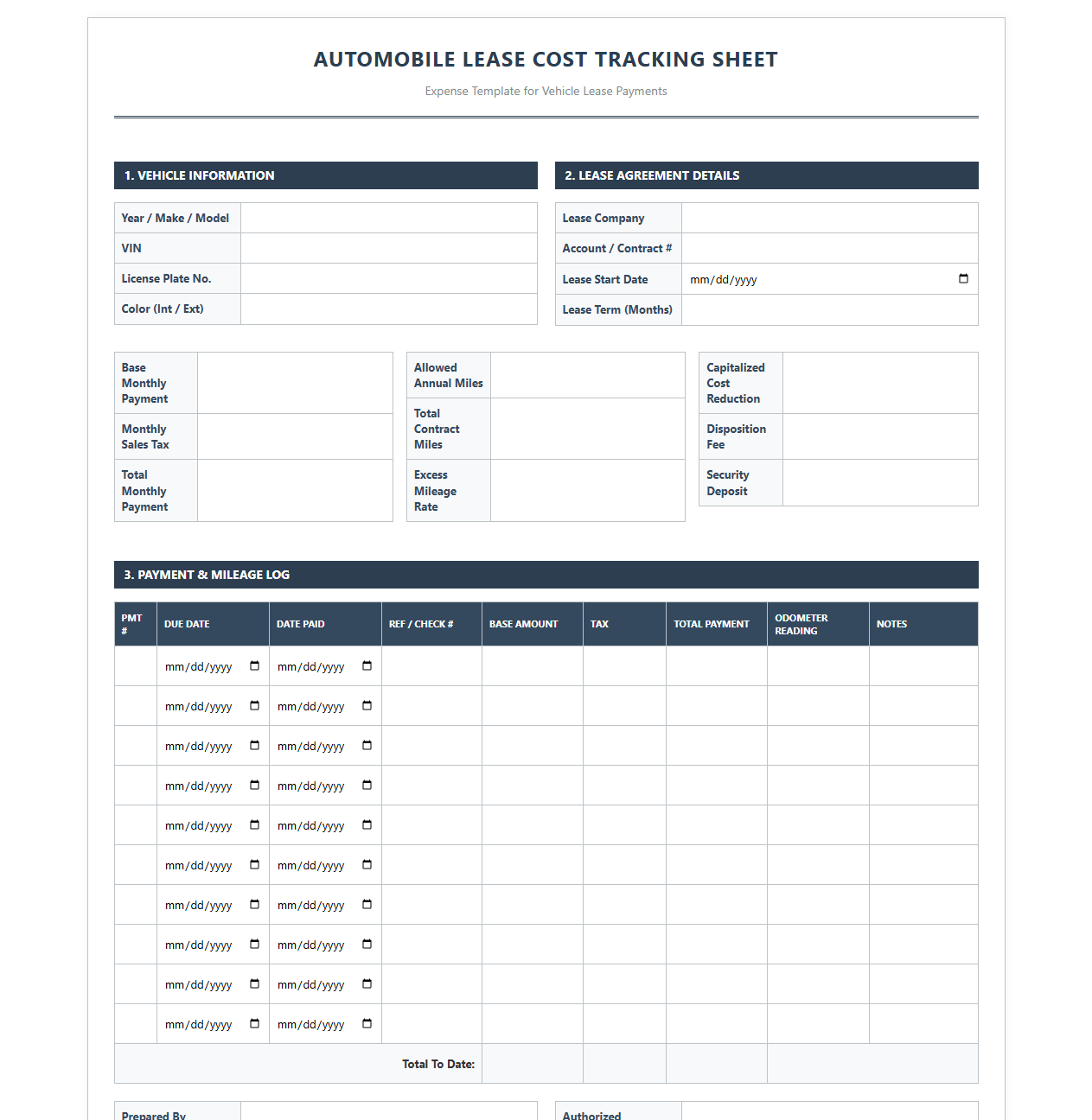 Automobile Lease Cost Tracking Sheet