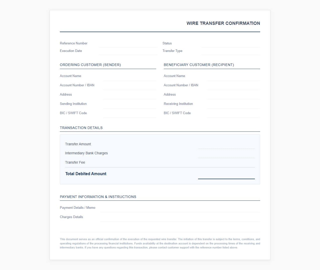 Bank Wire Confirmation Receipt