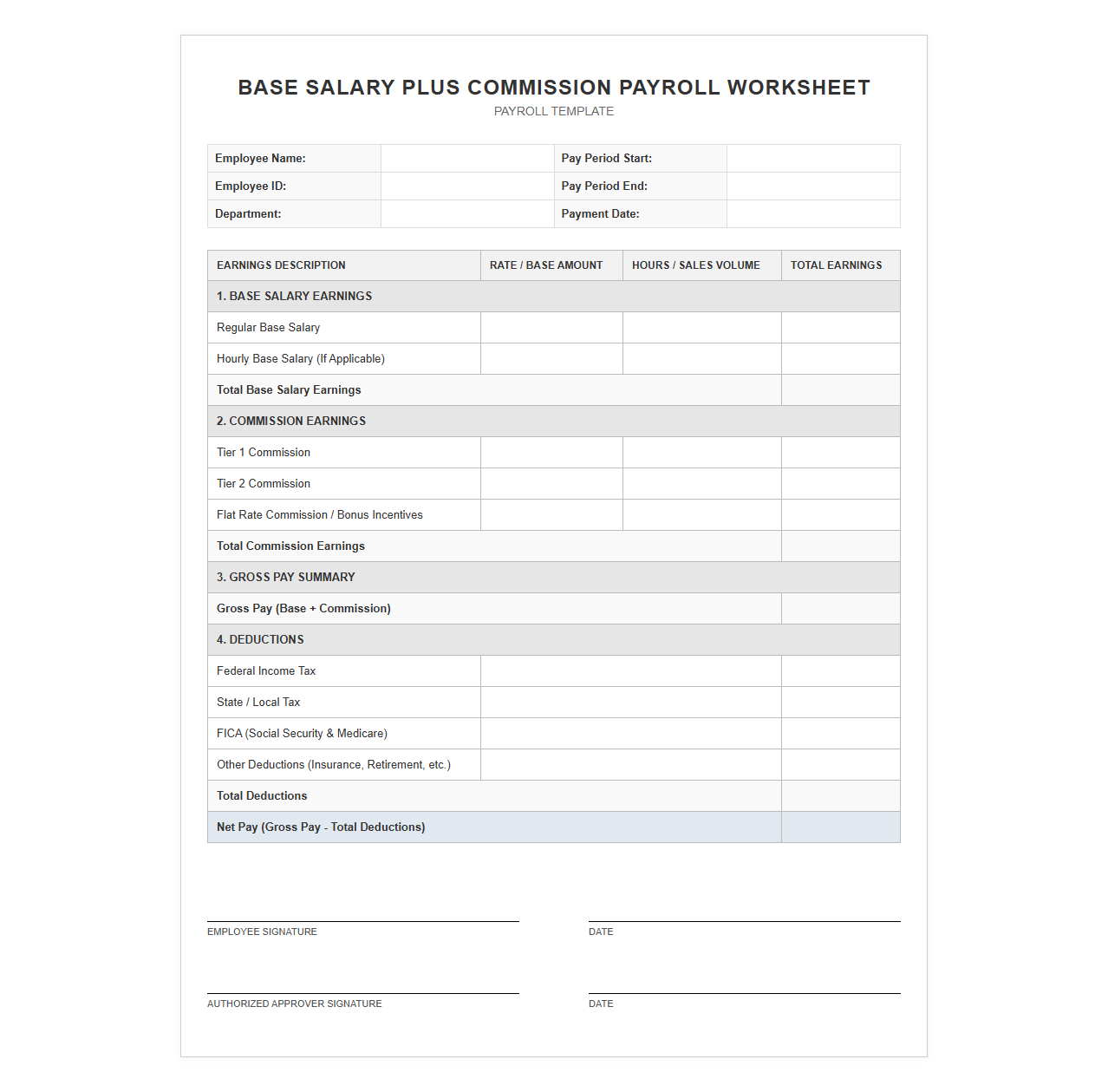 Base Salary Plus Commission Payroll Worksheet