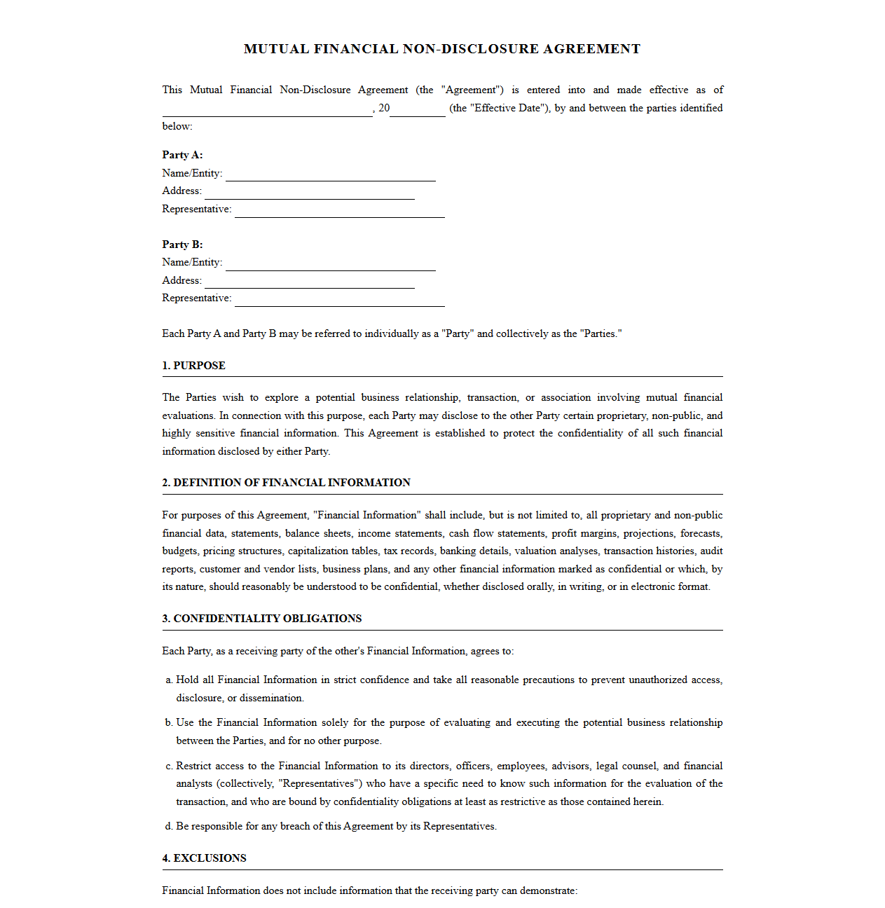 Bilateral Financial Information Non-Disclosure Template