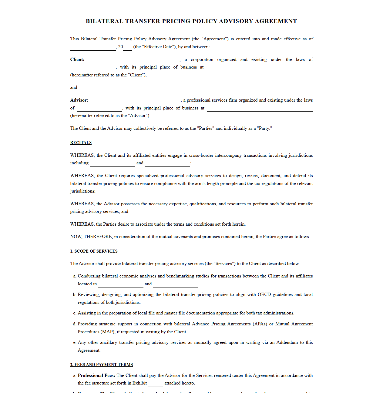 Bilateral Transfer Pricing Policy Advisory Agreement