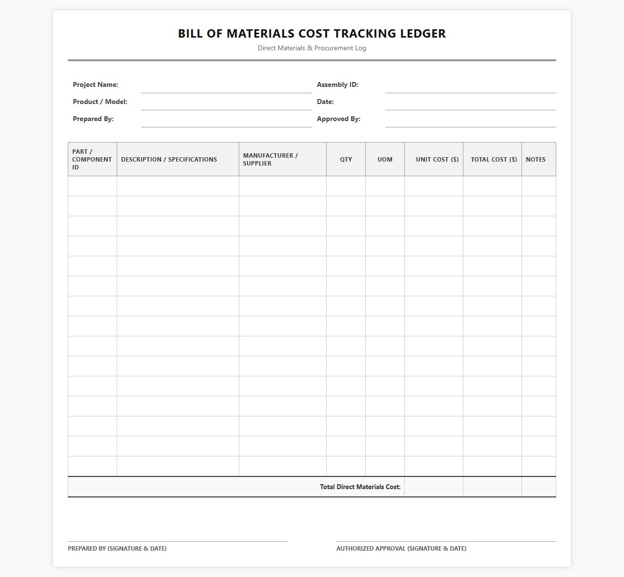 Bill of Materials Cost Tracking Ledger