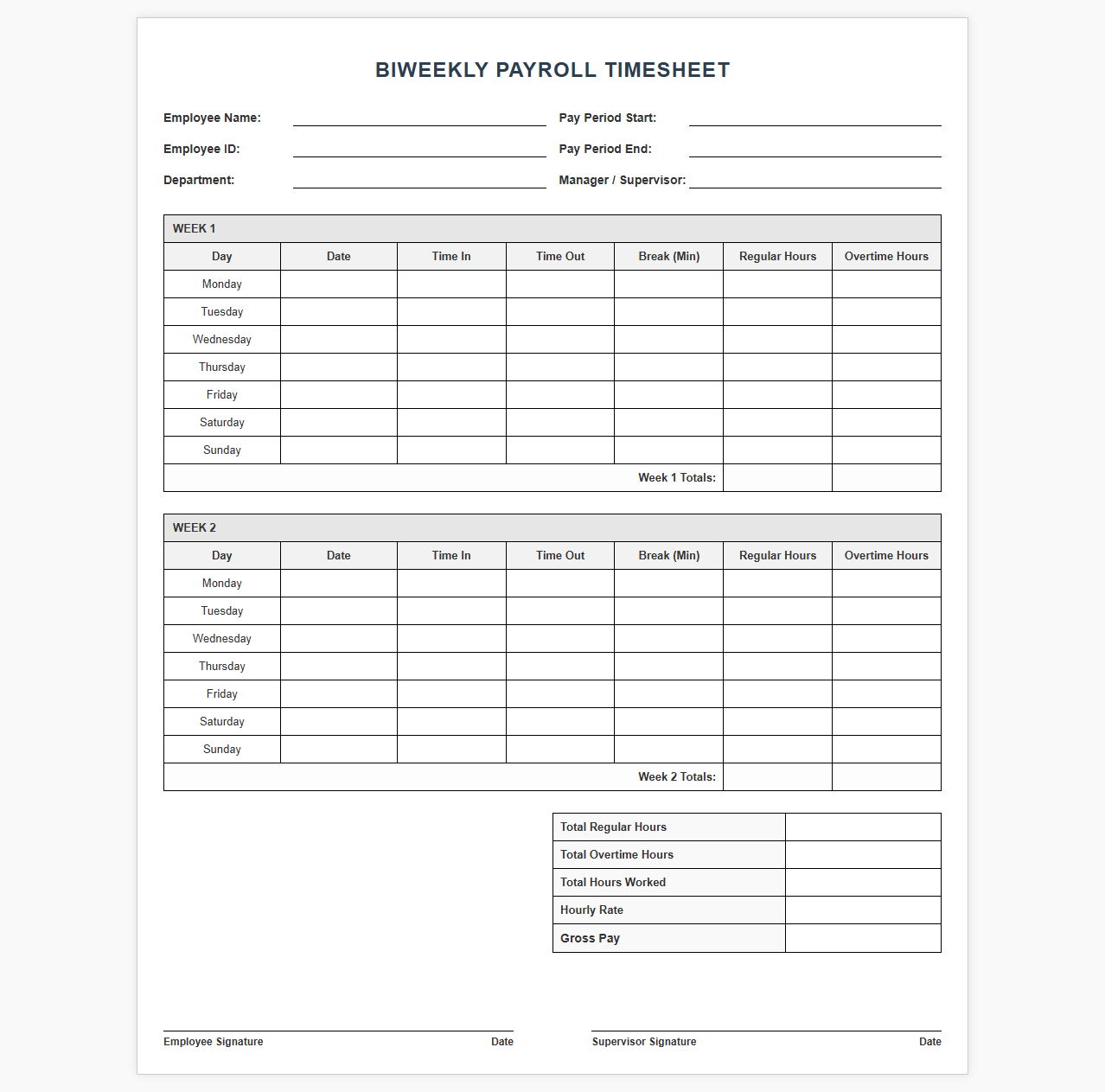 Biweekly Pay Period Payroll Timesheet Template