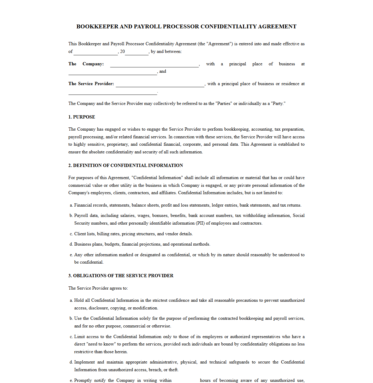Bookkeeper and Payroll Processor Confidentiality Agreement