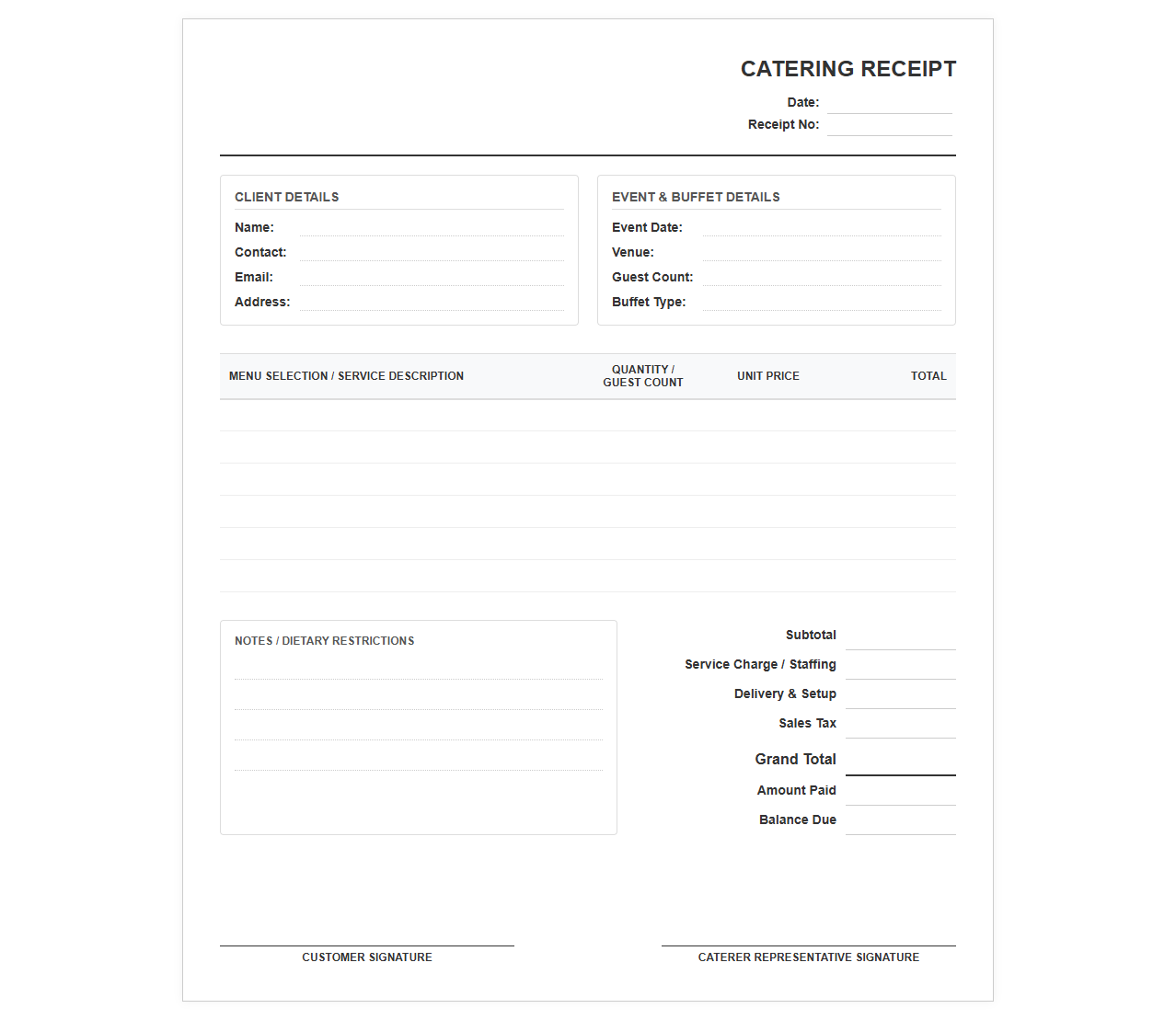 Buffet Catering Service Receipt Template