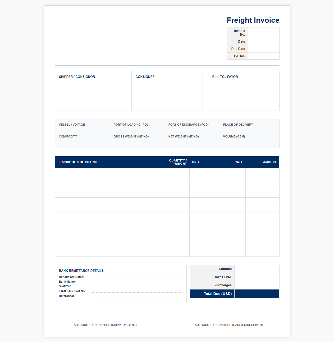 Bulk Freight Commercial Shipping Billing Document
