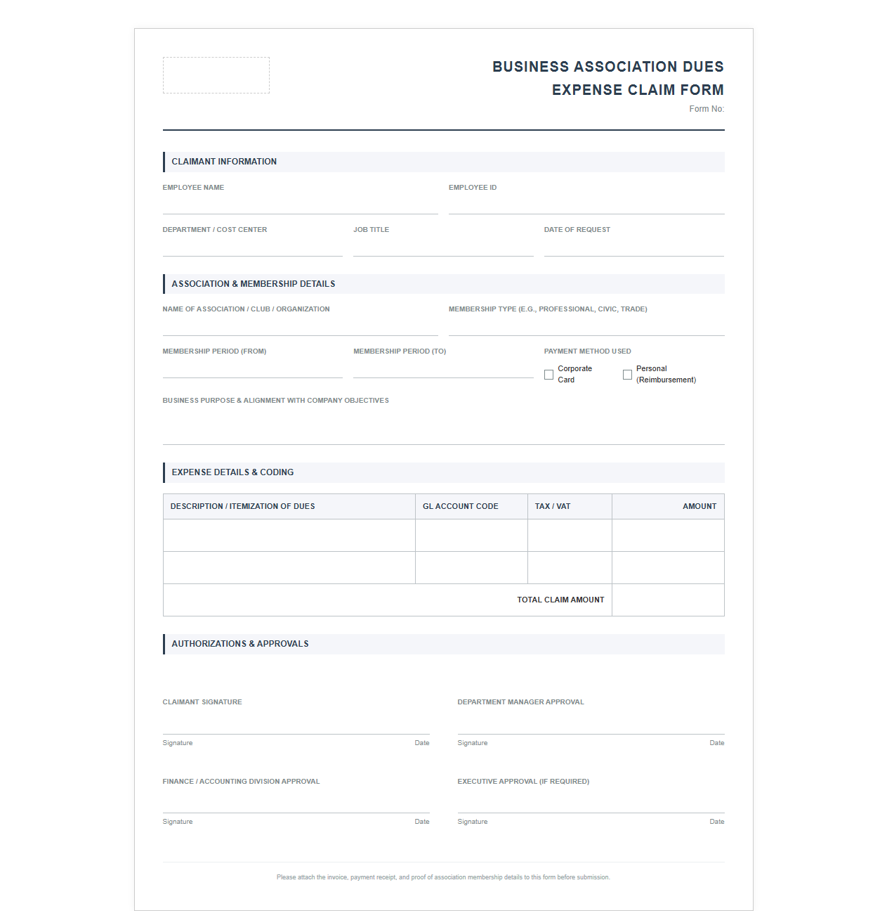 Business Association Dues Expense Claim Form