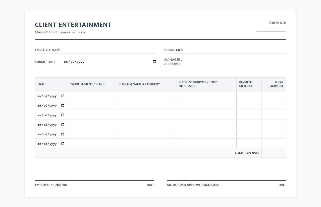Business Entertainment Food Expense Template