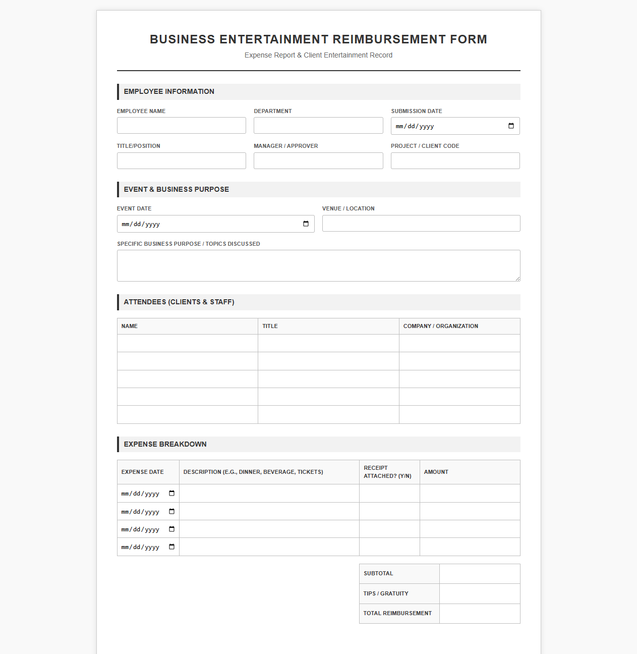 Business Entertainment Reimbursement Form