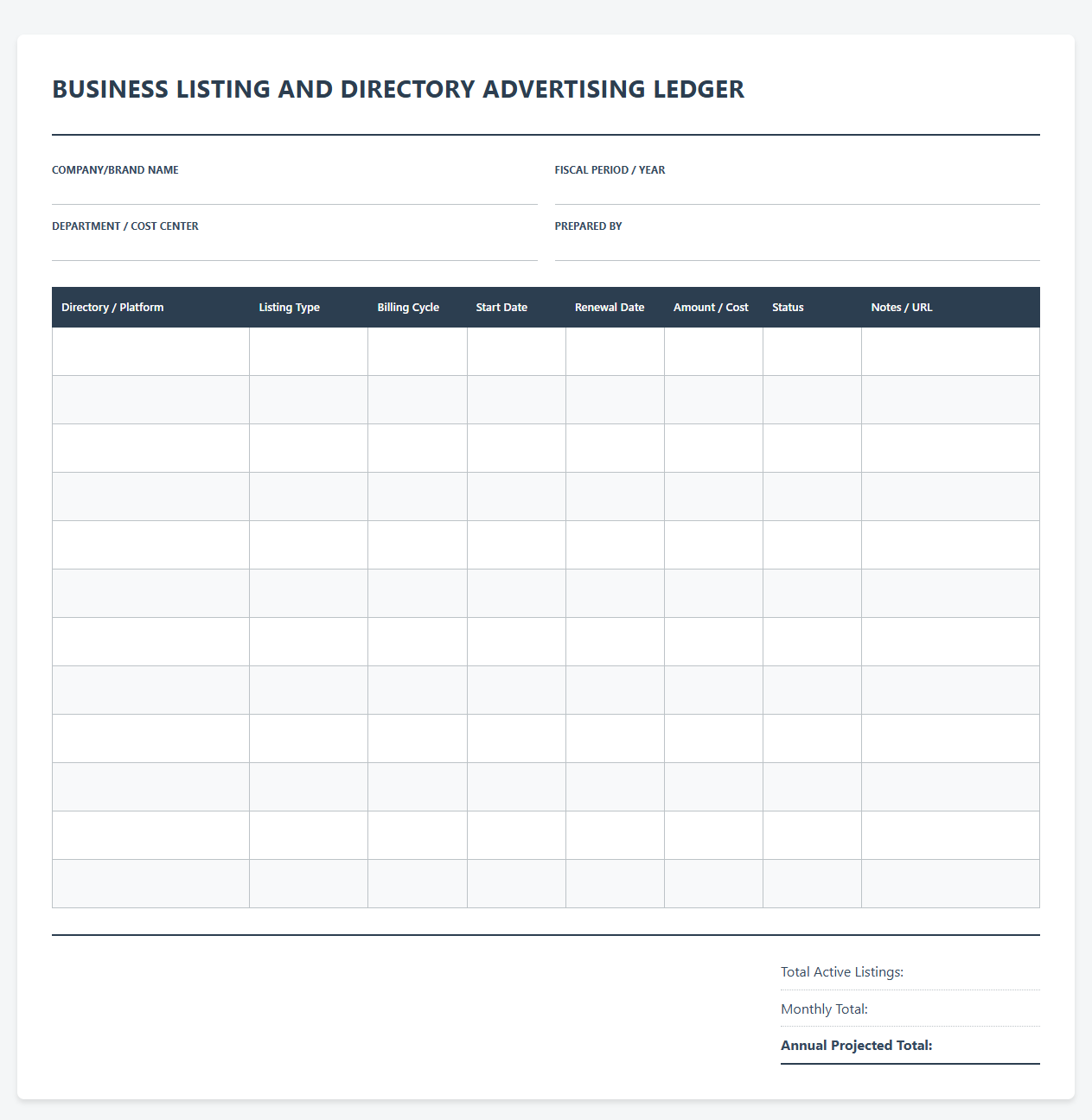 Business Listing and Directory Advertising Ledger