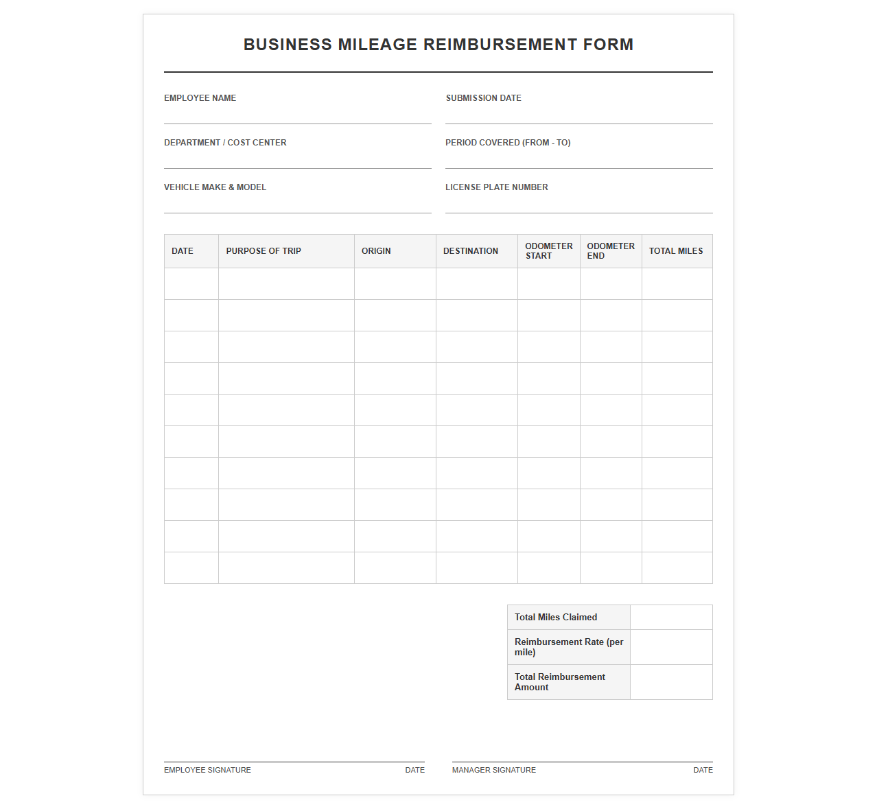 Business Mileage Reimbursement Form
