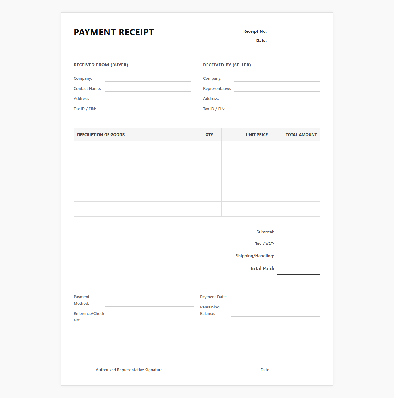 Business-to-Business Goods Payment Receipt